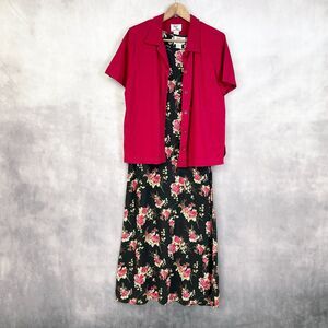 Ease Sport Dress Set Women 12 Dark Floral Linen Rayon Cottagecore Feminine Retro